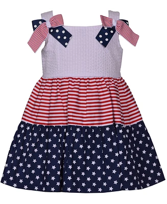 Bonnie Baby Girls Americana Mixed Print Bow Shoulder Dress