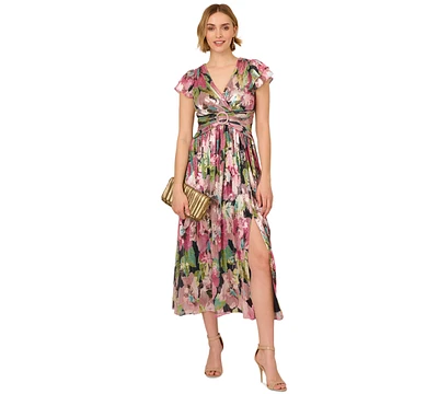 Adrianna Papell Women's Floral Metallic Crinkle Gown