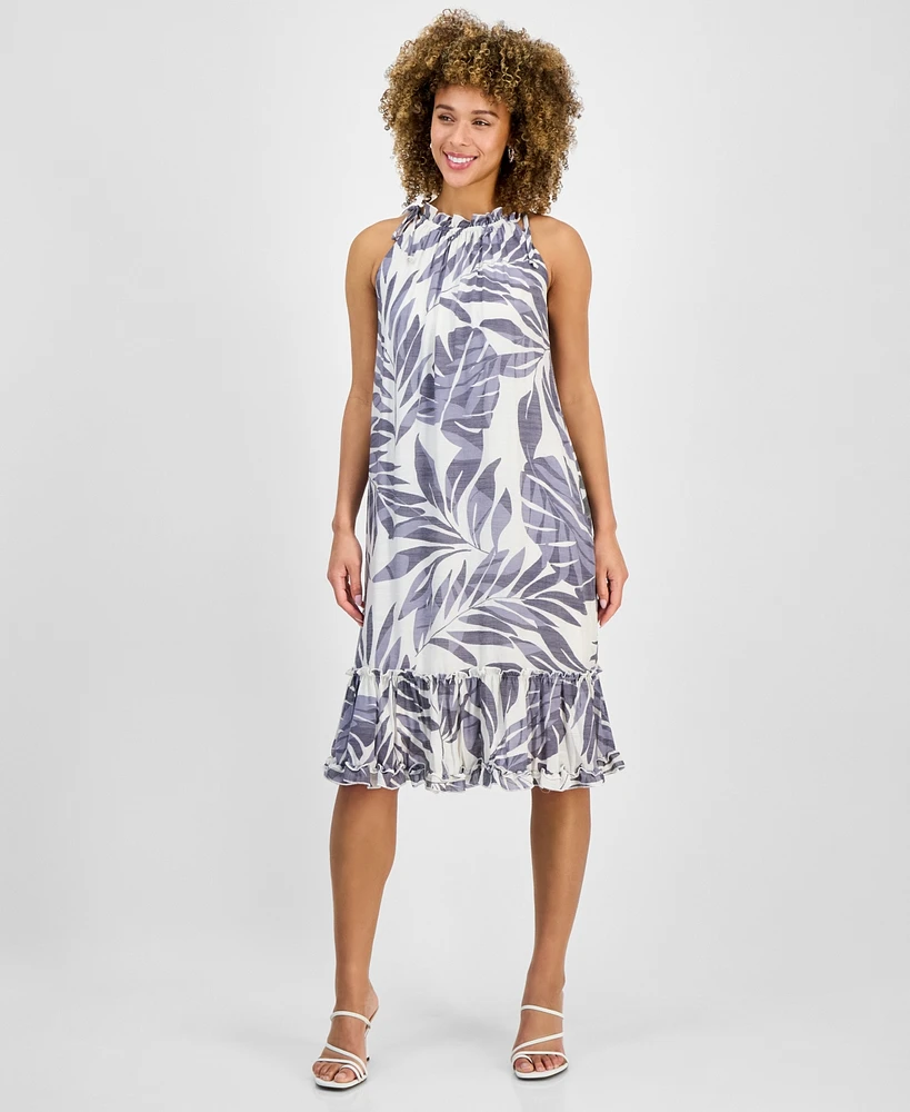 Robbie Bee Petite Printed Sleeveless Ruffle-Trim A-Line Dress