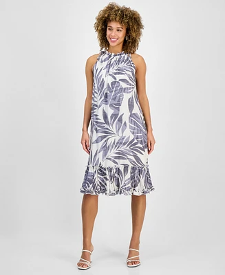 Robbie Bee Petite Printed Sleeveless Ruffle-Trim A-Line Dress