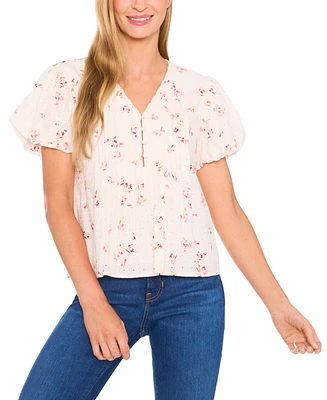 CeCe Women's Printed Eyelet Cotton Bubble Sleeve Blouse