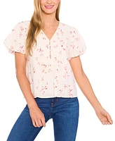 CeCe Women's Printed Eyelet Cotton Bubble Sleeve Blouse