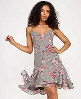 Juniors' Floral-Print Cowlneck A-Line Dress