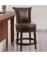 Faux Leather And Solid Wood Swivel Counter Height Bar Chair