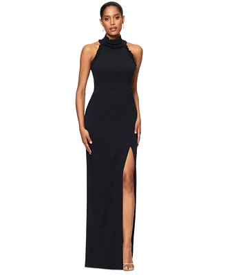 Xscape Petite Ruffled Halter Mock Neck Cutout-Back Gown