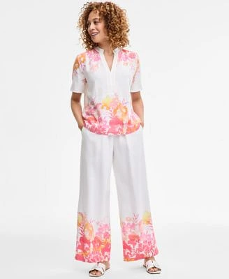 Jm Collection Womens Floral Linen Short Sleeve Top Floral Linen Wide Leg Pants Exclusively At Macys