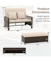 Patio Rattan Daybed Wicker Loveseat Sofa with Multifunctional Ottoman