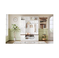 3-in-1 Hall Tree and Bench with 6 Hooks and Shelves