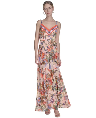 Eliza J Women's Printed V-Neck Ruffe-Trim Maxi Dress