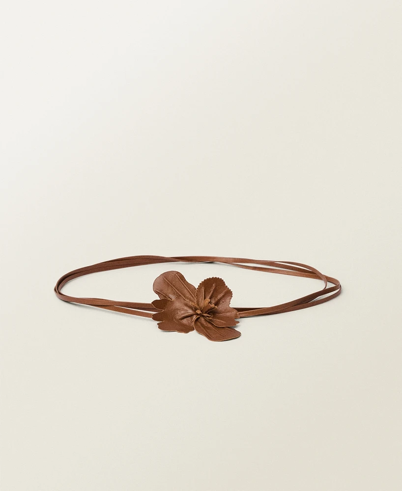 Mango Women's Flower Detail Thin Leather Belt