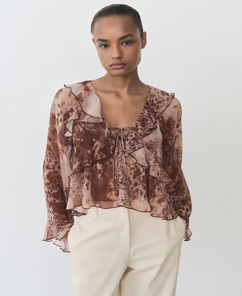 Mango Women's Ruffles and Bow Detail Printed Blouse