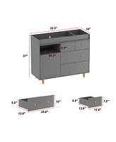 Diaper table with four drawers, baby changing station multiple storage compartments, grey wood