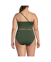 Lands' End Plus Macrame One Shoulder High Leg Piece Swimsuit
