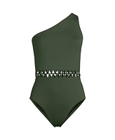 Lands' End Women's Long Macrame One Shoulder High Leg Piece Swimsuit