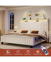 Hausource King Size Bed Frame: Upholstered Headboard, Led Charging Station, Velvet