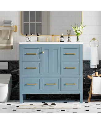 36" Freestanding Vanity Set with Resin Sink: Solid Wood Frame, 5 Drawers, and Soft-Close Doors