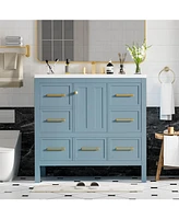 36" Freestanding Vanity Set with Resin Sink: Solid Wood Frame, 5 Drawers, and Soft-Close Doors