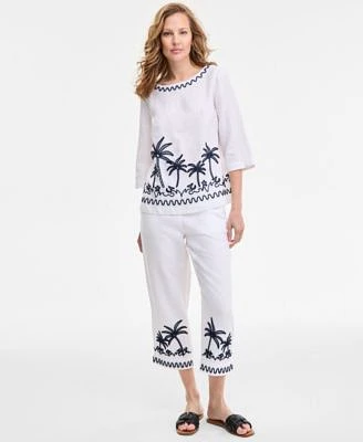 Charter Club Womens Palm Applique 100 Linen Top Woven Applique 100 Linen Pull On Cropped Pants Exclusively At Macys