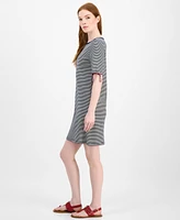 Tommy Hilfiger Women's Striped Cotton Boat-Neck Tie-Sleeve Dress