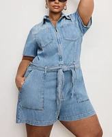 Good American Women's Fit For Success Lite Denim Short-Sleeve Romper