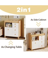 Multi-purpose diaper table with four drawers, baby changing station with multiple storage compartments and drawers, natural wood