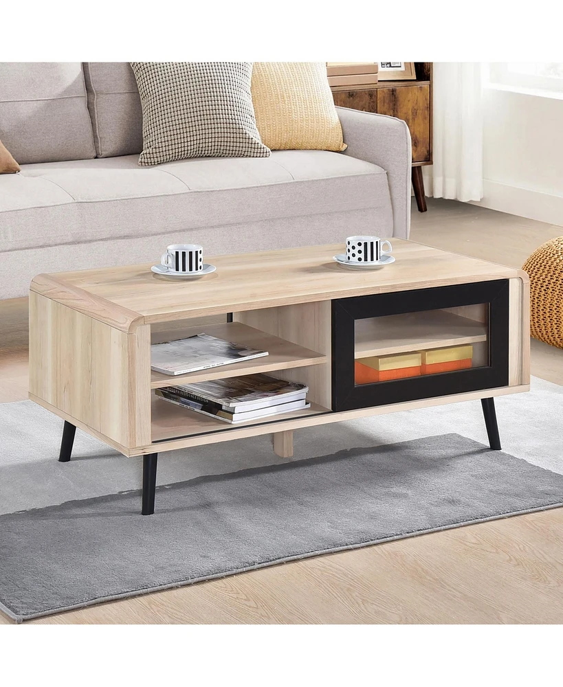 Kings Brand Furniture Nathan Coffee Table with Open and Close Shelving Perfect for Living Room (Oak with Black Front Panel)