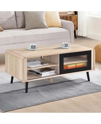 Kings Brand Furniture Nathan Coffee Table with Open and Close Shelving Perfect for Living Room (Oak with Black Front Panel)