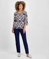 Jm Collection Women's Printed Split-Neck Bell-Sleeve Top, Exclusively at Macy's