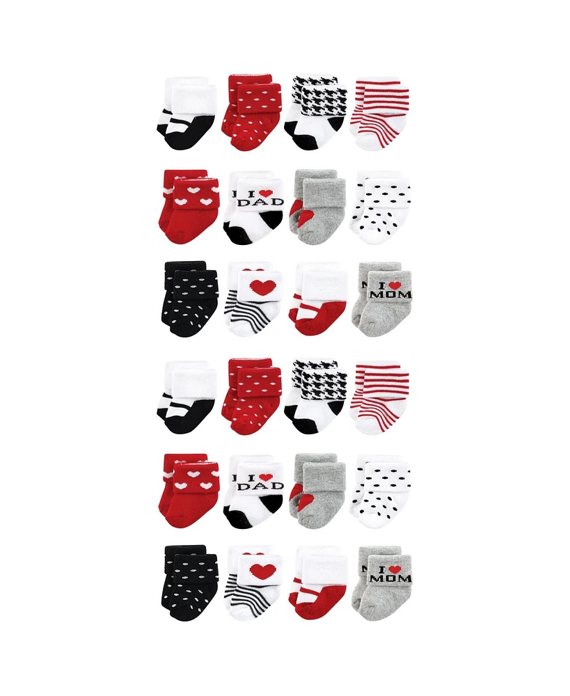 Hudson Baby Boys Cotton Rich Terry Socks 24-Pack, Mom and Dad Red Black