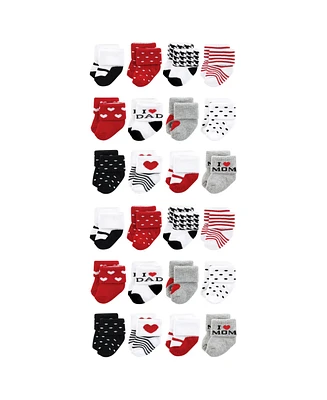 Hudson Baby Boys Cotton Rich Terry Socks 24-Pack, Mom and Dad Red Black
