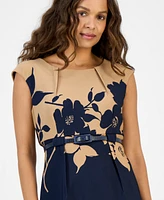 Connected Petite Two-Tone Cut-Out Belted Sheath Dress