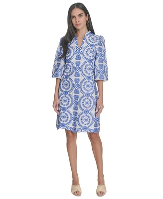 Jessica Howard Petite Printed 3/4-Sleeve Collared A-Line Dress