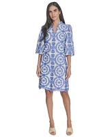 Jessica Howard Petite Printed 3/4-Sleeve Collared A-Line Dress