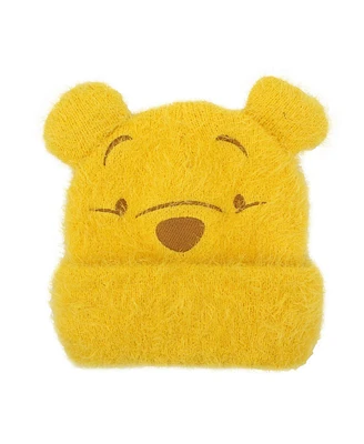 Winnie the Pooh Men's Character Face Yellow Fuzzy Yarn Cuff Beanie With 3D Ears