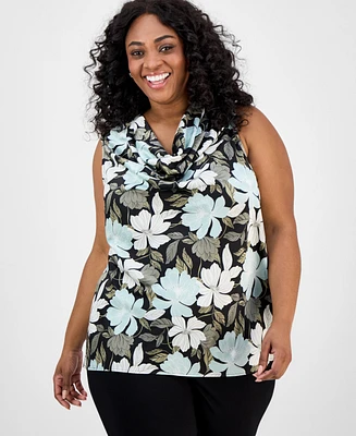 Kasper Plus Floral-Print Draped-Neck Top