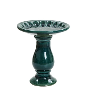 LuxenHome Dark Green Flower 21.65-Inch Tall Ceramic Birdbath