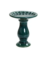 LuxenHome Dark Green Flower 21.65-Inch Tall Ceramic Birdbath