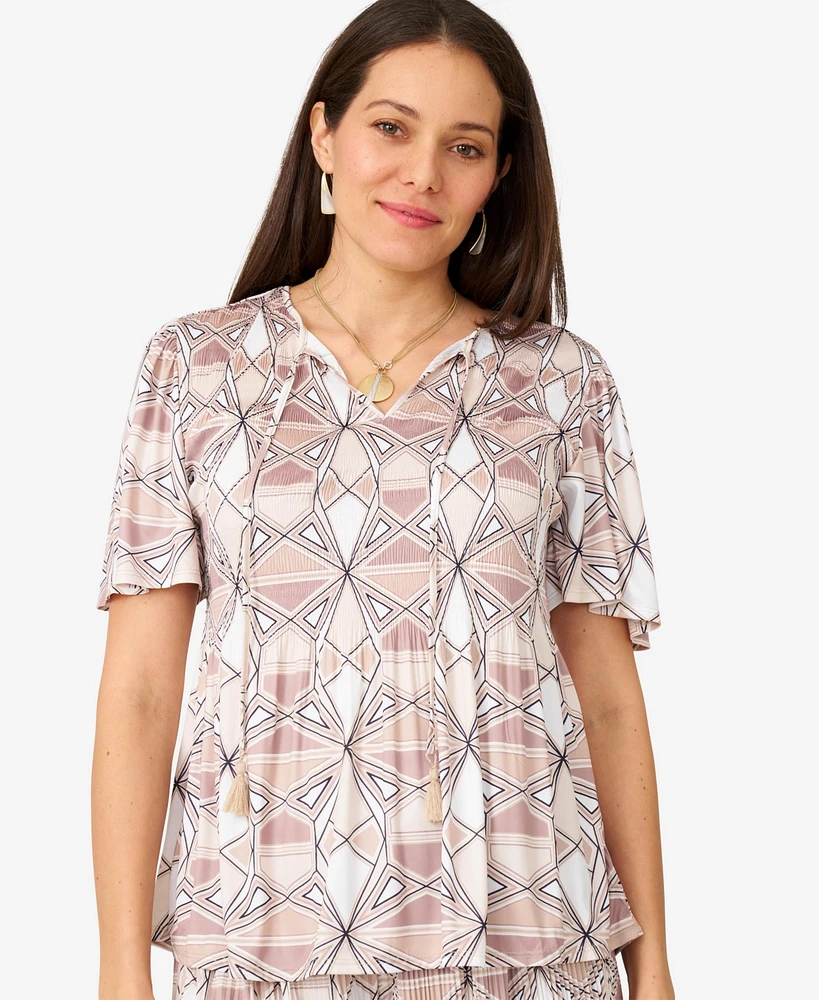 Cable & Gauge Women's Flutter Sleeve Tassel Pleated Top