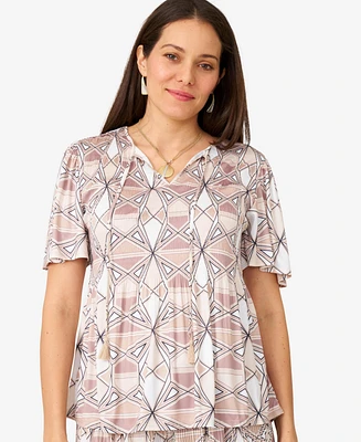 Cable & Gauge Women's Flutter Sleeve Tassel Pleated Top