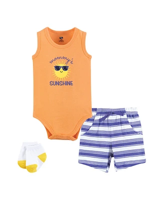 Hudson Baby Boys Bodysuit, Short and Sock, Orange Sunshine