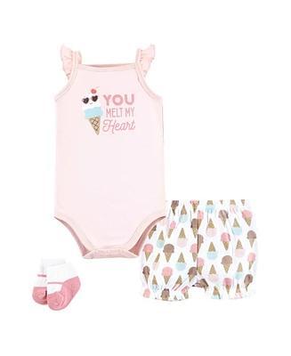 Hudson Baby Girls Bodysuit, Short and Sock, Melt My Heart Ice Cream