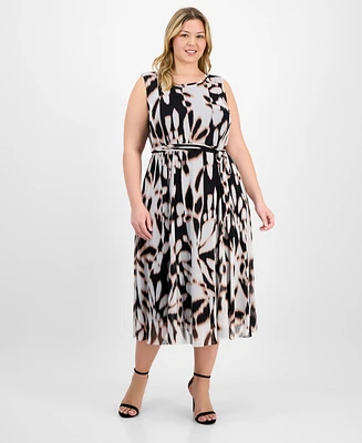 Sandra Darren Plus Belted Printed Sleeveless Midi Dress