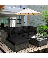 Gymax 5PCS Rattan Patio Conversation Set Outdoor Furniture Set w/ Ottoman Black Cushion