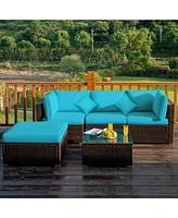 Gymax 5PCS Rattan Patio Conversation Set Outdoor Furniture Set w/ Ottoman Turquoise Cushion