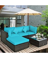 Gymax 5PCS Rattan Patio Conversation Set Outdoor Furniture Set w/ Ottoman Turquoise Cushion