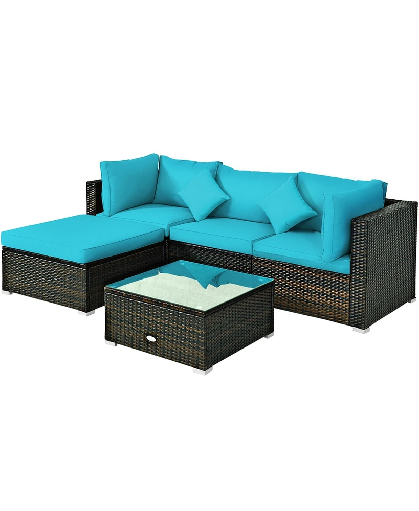 Gymax 5PCS Rattan Patio Conversation Set Outdoor Furniture Set w/ Ottoman Turquoise Cushion
