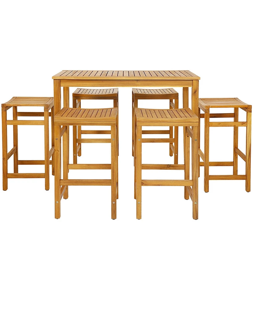 7 Pcs Acacia Wood Bar Table Set 45" Rectangular Dining Table & 6 Saddle Stools