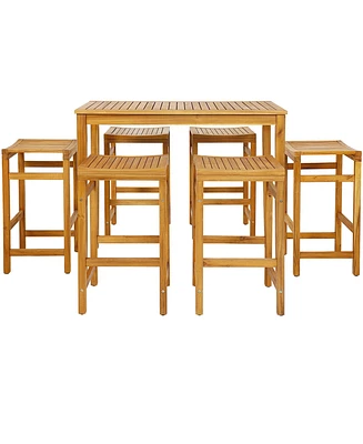 7 Pcs Acacia Wood Bar Table Set 45" Rectangular Dining Table & 6 Saddle Stools