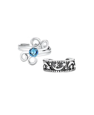Bling Jewelry Set of 2 Blue Crystal Swirl & Celestial Moon And Stars Ear Cuff Earring Silver