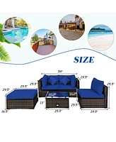 Gymax 5PC Rattan Patio Conversation Set Outdoor Furniture Set w/ Ottoman Cushion